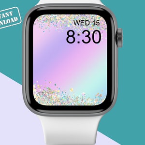Carta da parati olografica con glitter per Apple Watch - Quadrante colorato con unicorno arcobaleno - Sfondo arcobaleno - Colori pastello sfumati