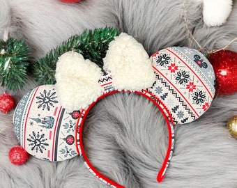 Christmas Holiday Winter Knitted Pattern Inspired Mouse Ears | Disney Ears | Minnie Ears | Mickey Ears | Handmade Ears | Gift Ears | Sherpa