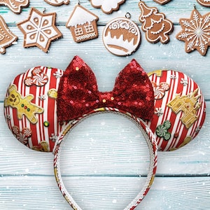 Christmas Gingerbread Cookies & Candy Cane Inspired Mouse Ears, Minnie Ears, Mickey Ears, Custom Ears, Disney Ears, Sequin Ears