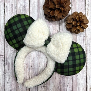 Christmas Buffalo Plaid Green & Sherpa Bow Inspired Mouse Ears, Disney Ears, Minnie Ears, Mickey Ears, Handmade Ears, Sherpa Ears.