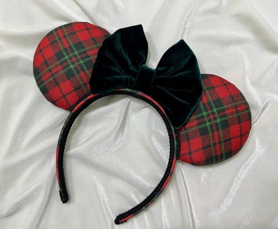 Christmas Red Plaid & Green Velvet Bow Inspired Mouse Ears  display picture 1