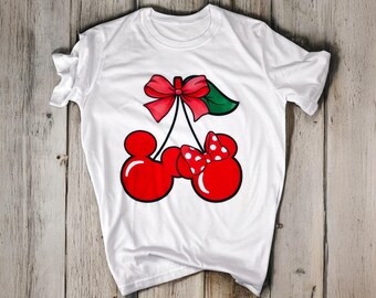 Mickey & Minnie Cherry Coquette T-Shirt | Aesthetic Vintage Bow Tee | Cute Sublimated Shirt for Women | Custom T-Shirts | Disney T-Shirts