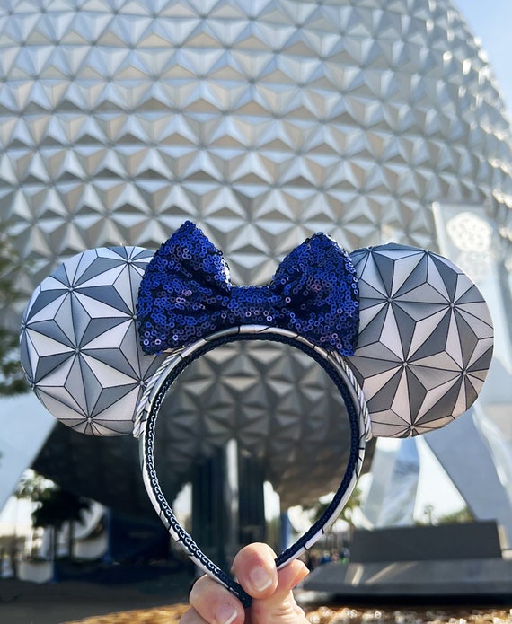 EPCOT Mickey Ears with silver sequin bow Spaceship Earth Minnie Ears, Epcot Mickey Ear Headband  main image 2