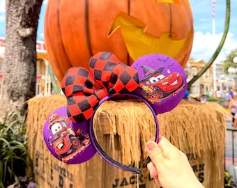 Cars Halloween Mouse Ears, Lightning McQueen, Mater, Sally, Luigi Ears, Halloween Racing Ears, Purple Ears, Red Black Checkered Bow