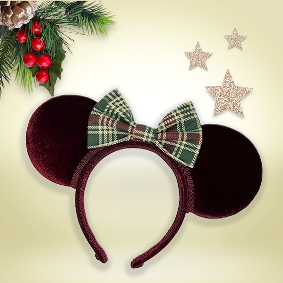 Christmas Deep Wine Velvet & Green Plaid Bow Inspired Mouse 
