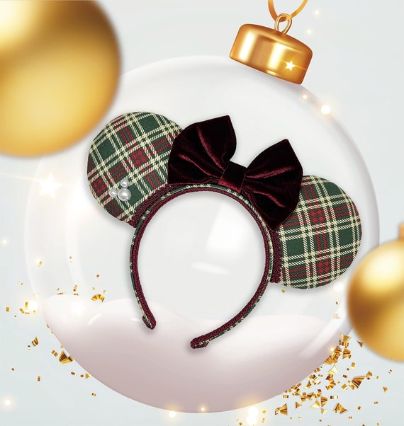 Disney Tartan Ears with Green Velvet Bow Christmas Deep Wine Velvet & Green Plaid Bow Inspired Mouse  main image 3