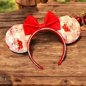 Coquette Cherry and Bow Inspired Mouse Ears | Minnie Ears | Mickey Ears | Cherry&#39;s Ears | Disney Parks | Handmade Mickey Ears | Gift Ears
