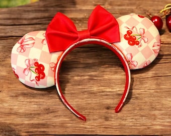 Coquette Cherry and Bow Inspired Mouse Ears | Minnie Ears | Mickey Ears | Cherry's Ears | Disney Parks | Handmade Mickey Ears | Gift Ears