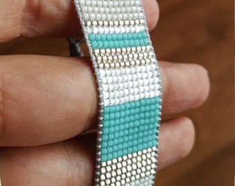 DIVERSITY turquoise, silver and mother of pearl striped handmade miyuki bead bracelet