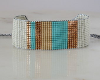 diversity turquaise and beige striped handmade miyuki bead bracelet