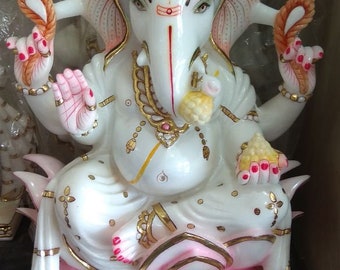 Handmade White Marble Lord Ganesh Idol: Hindu God Statue, 15 inch