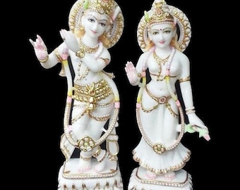 Estatua de Radha Krishna de mármol blanco hecha a mano: deidades hindúes, 15 pulgadas