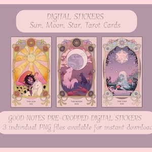 Könnte beinhalten: Drei digitale Sticker mit Tarotkarten-Illustrationen von Sonne, Mond und Stern. Jede Karte ist in einem dekorativen goldenen und blauen Rahmen mit einem rosa, violetten und blauen Farbschema gerahmt.