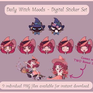 Witch Girl and Cat Digital Sticker Pack | Goodnotes Stickers | emoji stickers | Precropped PNG | planner stickers | Chibi girl | chibi cat