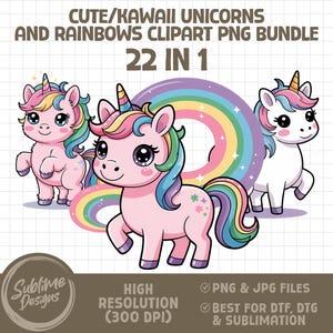 Kawaii Unicorns & Rainbows PNG Clipart Bundle (Digital Download