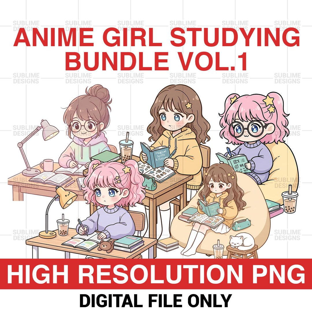 Cute Anime Girl Studying PNG Bundle | Kawaii School Desk Art | Study ...