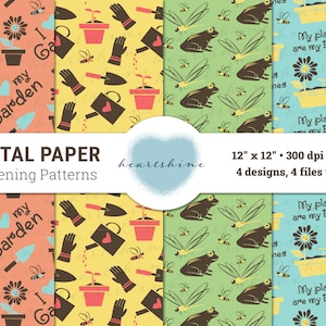 May include: Four digital paper designs featuring gardening patterns. The designs include a yellow background with gardening tools, a green background with frogs and dragonflies, a blue background with a flower pot and the text "My plants are my babies", and an orange background with a flower pot and the text "I love my garden".