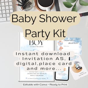 Babyshowerpakket Uitnodiging voor Jongens – Boho Blauwe Digitale Uitnodiging, Plaatskaartjes & Labels – Direct Digitaal Downloaden Stap-voor-Stap PDF