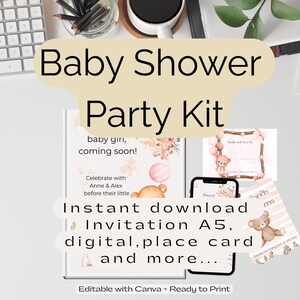 Baby Shower Girl Invitation Kit Editable – Printable Bundle with Tags, Place Cards, Decorations – Pink Baby Girl Party Decor, for Birthday