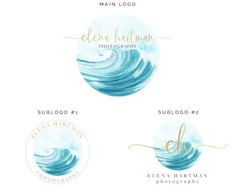 Water Logo, Classic Logo, Ocean Logo, Gold Logo, Circle Logo, Watercolor Logo, Premade Logo, Wave Logo, Badge Logo, Facebook, Logo Set