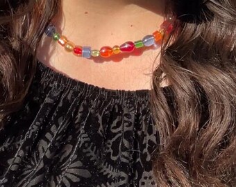 Handmade Rainbow Glass Beaded Necklace with Gold Wire String – Colorful Jewelry