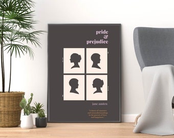 Peut inclure: Une affiche noir et blanc au design minimaliste représentant quatre silhouettes de personnes. L'affiche porte le titre "pride & prejudice" et le nom de l'auteur "jane austen" en bas. La citation "A dance of manners and misunderstandings in the pursuit of love and happiness" est également incluse.
