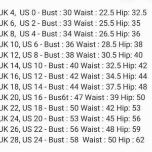 May include: A chart showing UK and US clothing sizes with corresponding bust, waist, and hip measurements in inches.