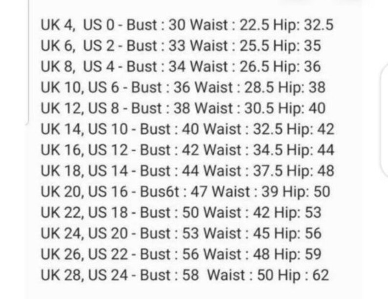 May include: A chart showing UK and US clothing sizes with corresponding bust, waist, and hip measurements in inches.