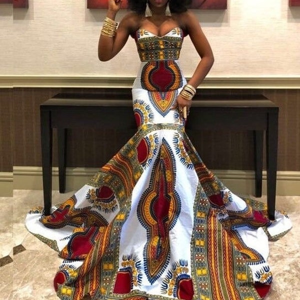 African kente dress ,African wedding kente dress , African mermaid dress , African women clothing, white wedding dress,Kente prom dress