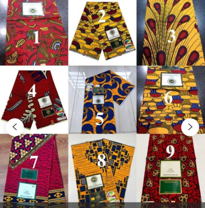 May include: Nine different fabric patterns in red, yellow, blue, and black. Each pattern is a different design, including floral, geometric, and abstract patterns. The fabric is folded in half and has a label with a number on it.