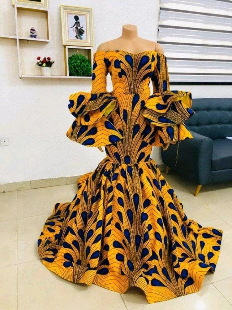 green emerald velvet dress African Dress in Gold Ankara Print - Festival Dress