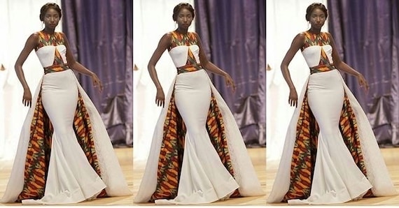Mermaid Dress White And Gold Kente Dress Strapless Ivory Gold Mermaid  Wedding Gown Dress