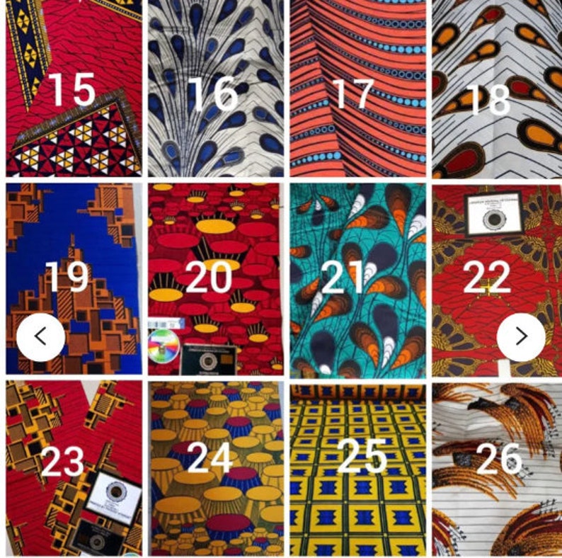 May include: A collage of 12 different fabric swatches with various patterns and colors. The swatches are numbered 15 through 26. The fabric patterns include geometric shapes, floral designs, and abstract patterns. The colors include red, blue, yellow, green, and white.