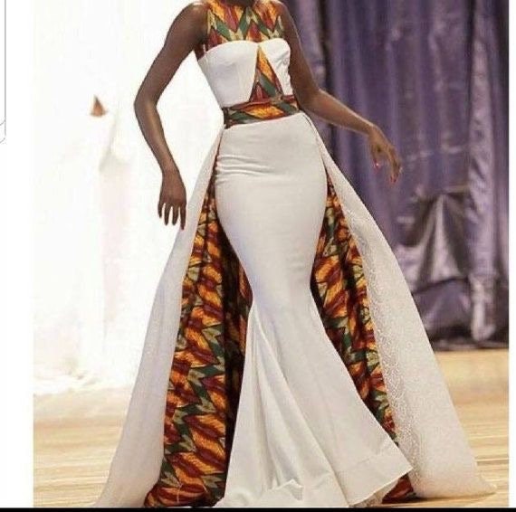 White wedding dress , Kente prom dress , White prom dress , African women clothing, White mermaid dress , Kente attire , Kente, African