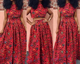 omi African skirt set / African clothing for women / African crop top / African clothing,Red African maxi dress / African dress / flareskirt