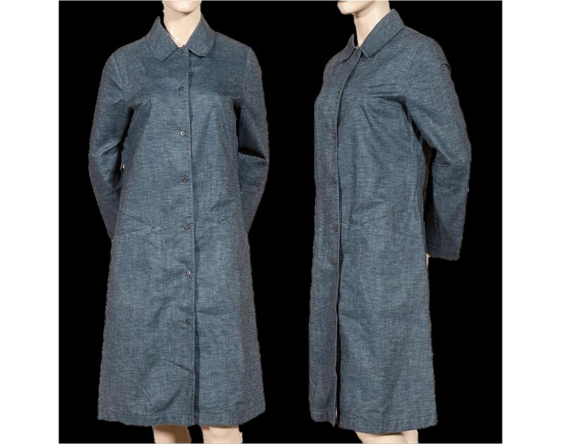 Vintage 90/'s /'COP COPINE PARIS/' /'Bonnie/' blue greyish denim robe-manteaucoat with A-line and press stud fastening