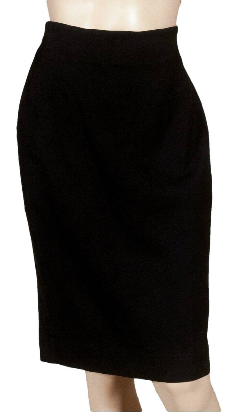 Vintage 70/'s /'FOURRURES SALVADOR DALI/' black wool pencil skirt with a repeat embroidered Salvador Dali signature over surface of the fabric