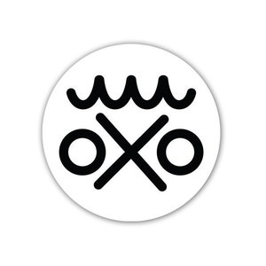 May include: Black and white illustration of two circles with a cross in the middle, with wavy lines above the circles.