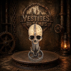 May include: A beige human skull sculpture featuring a vertical metal strip down the center, metal plates covering the jaw area, and a dark gear-shaped base. The skull is positioned in front of a circular sign with the text VESTIGES DU TEMPS.