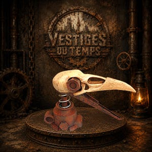May include: A sculpture featuring a light-colored bird skull mounted on a rusted metal base with a visible coil spring. The skull is attached to a dark, weathered metal lower jaw piece. The background displays a circular emblem with the text VESTIGES DU TEMPS.