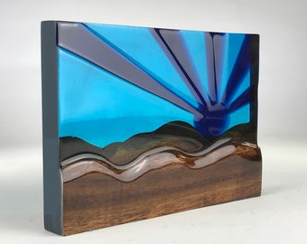 The Day the Sun turned Blue, Resin and Wood 3D Sculpture, Modern Resin Art Piece Wall Hanging, Living Room House Decor, Dining Room Decor