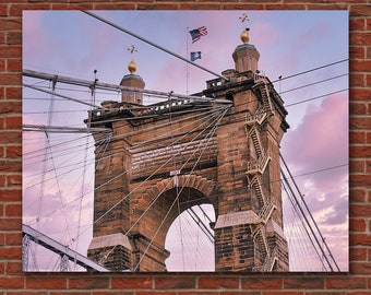 Serene Span: Bridge over the Ohio River Photograph - Cincinnati Skyline Bridge, Metal Print Wall Art - Ready to Hang, Living Room Wall Decor