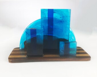 City of Blues Resin and Wood Sculpture, Handmade Resin and Wood Art Piece, Unique Office Paperweight Decor, End Table Art, Artist Piece