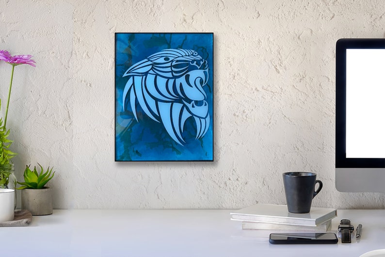 resin art, lion decor, tattoo style, alcohol ink, blue lion, wall decor, 8x10 art, unique gift, home decor, wildlife art, layered art, handmade, vibrant colors