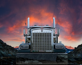 Rugged Kenworth Truck in Mountain Landscape Metal Print, Kenworth Truck in the Mountains Photograph, Metal Wall Hanging, Masculine Artwork