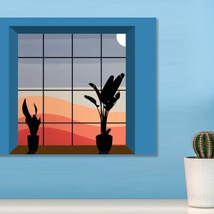 Sands of Serenity: Window to the Desert Canvas Print, Window to the Desert Contemporary Plants Canvas Art Piece, Modern Living Room Hanging