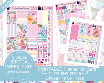 Printable Planner Stickers, EC Weekly Vertical, Floral, Download