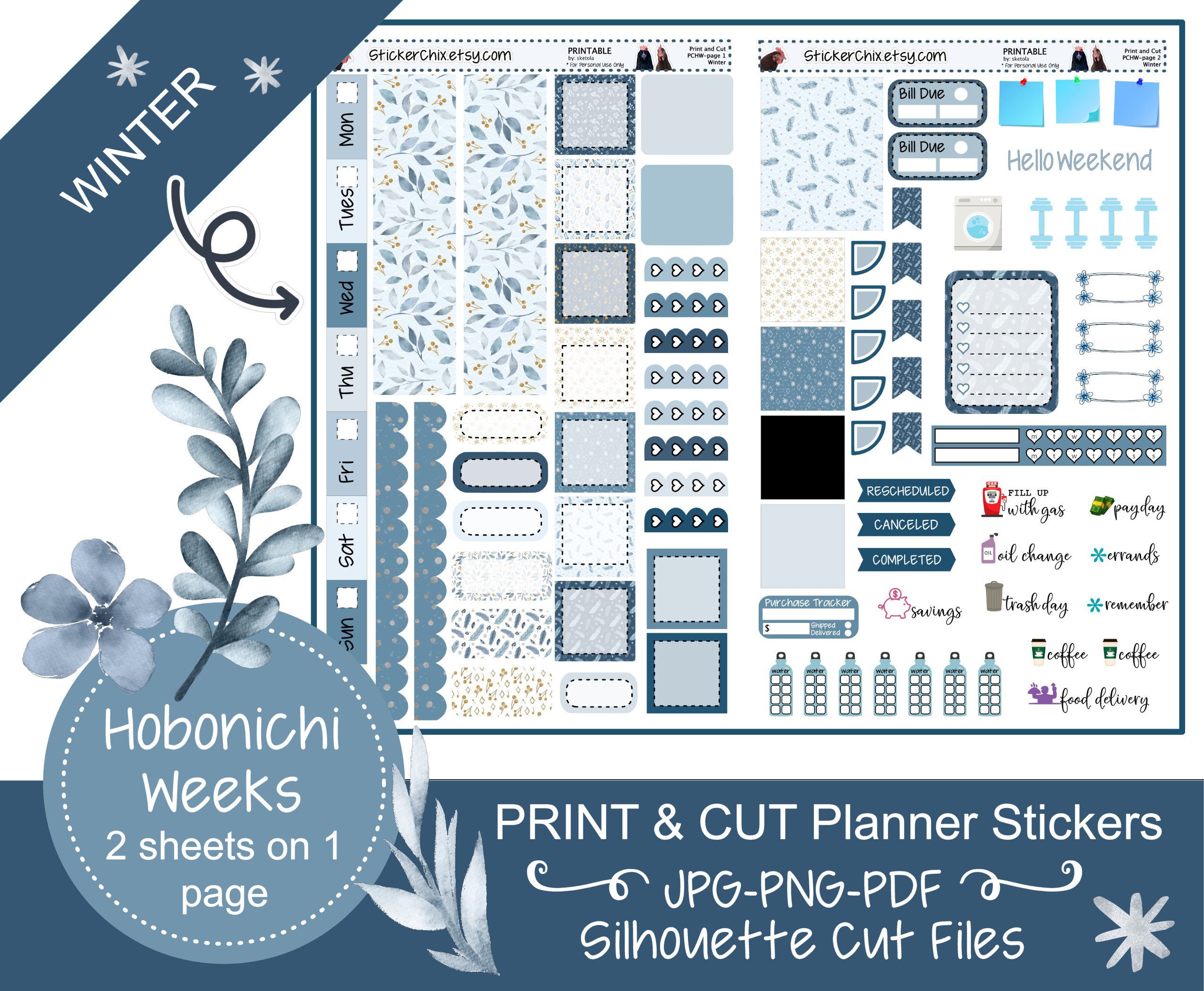 Hobonichi Weeks Printable Planner Stickers 2 Sheets on 1 Page Winter ...