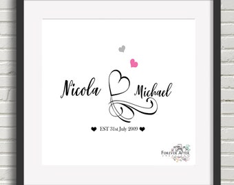 Op de afbeelding: Een witte ingelijste print met zwarte tekst die "Nicola & Michael EST 31st July 2009" luidt met een gestileerd hartontwerp en twee kleine harten in grijs en roze.