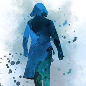 May include: A watercolor painting of a person walking away from the viewer. The person is silhouetted in shades of blue and green, with a white background.